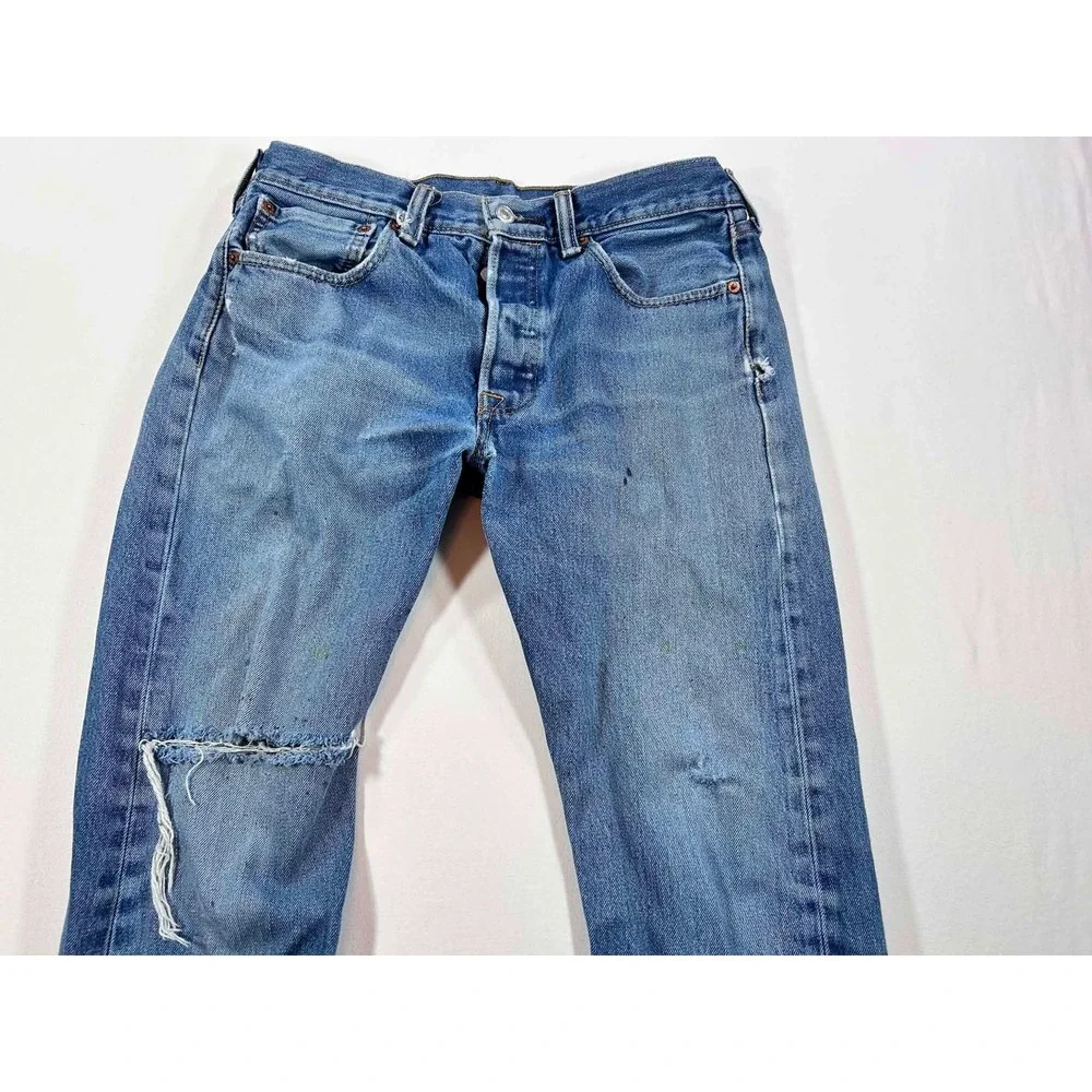 Levis 501 Original Fit Distressed Jeans Blue Button Fly 31x30 Paint Splatter